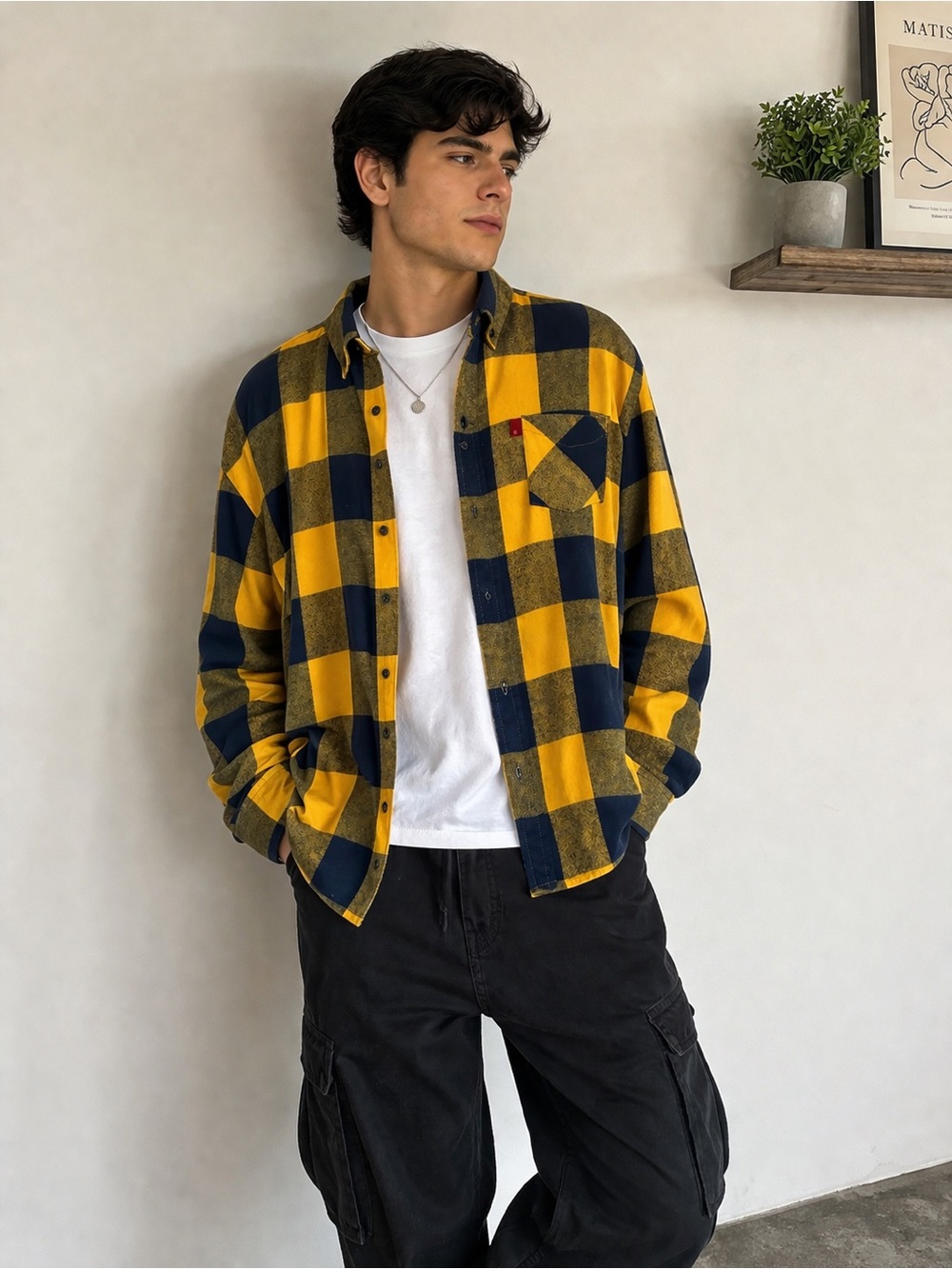 Levi’s Plaid Flannel Shirt Yellow Blue Button Down Size G L